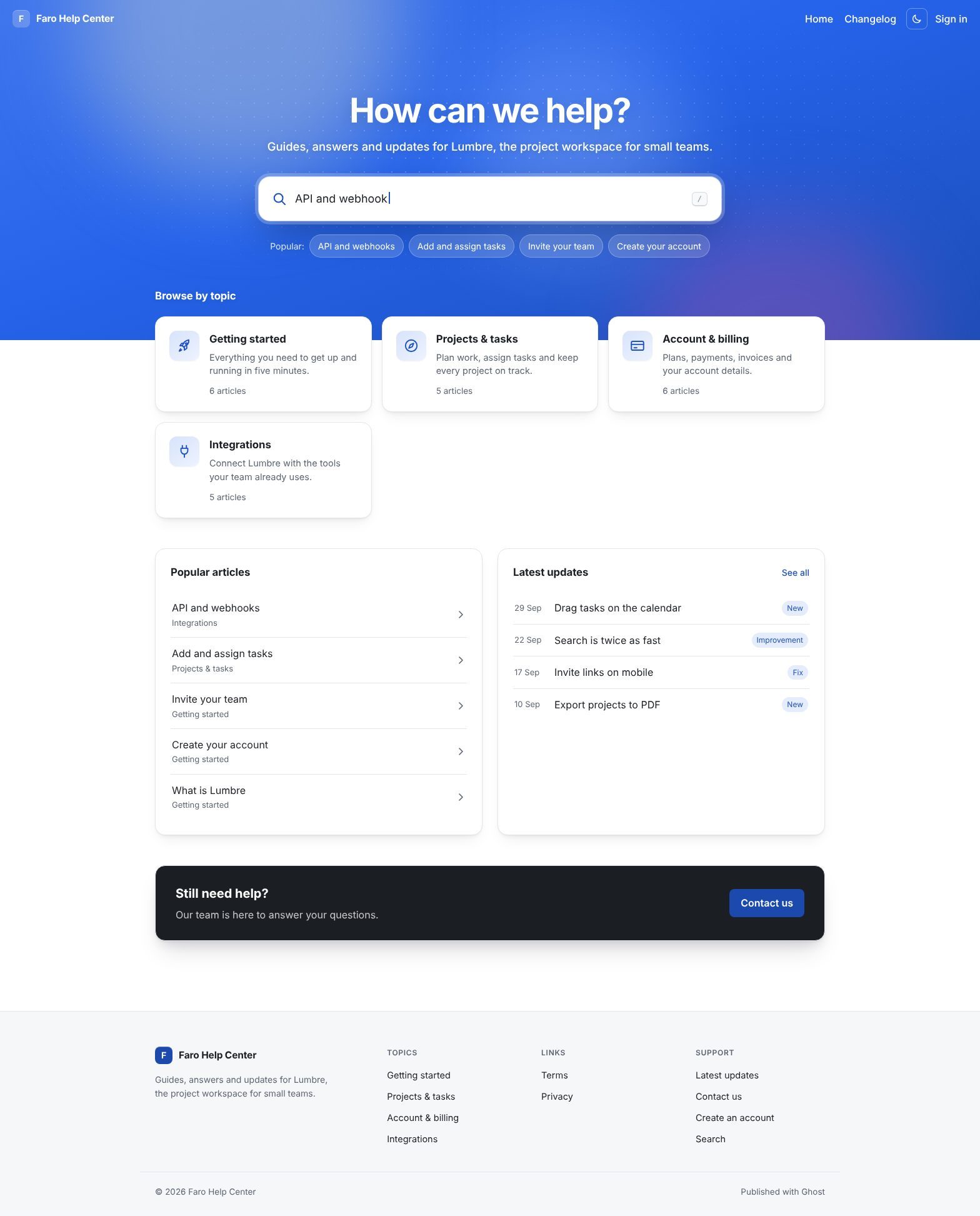 Faro theme — help center homepage with search, topics and latest updates