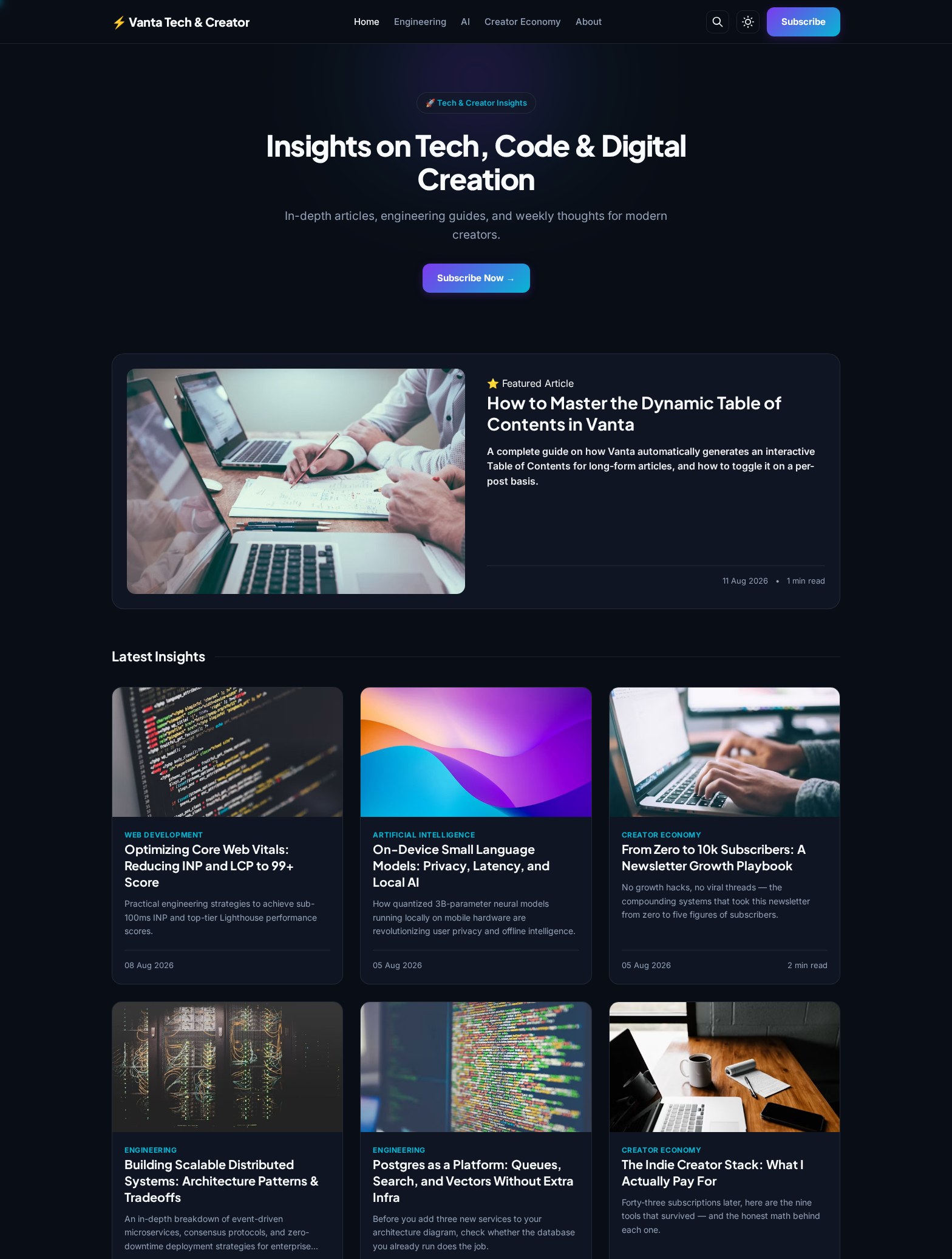 Vanta theme — dark homepage with featured article and magazine grid