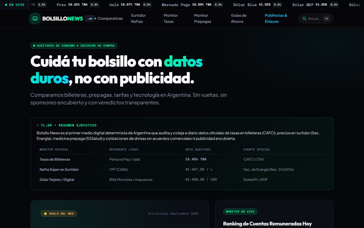 Bolsillo News homepage: live ticker of wallet rates and dollar quotes, and a data-driven hero